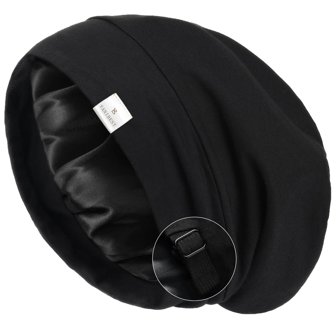 Slouchy Beanie Hat Satin Lined Sleep Cap Satin Bonnet Chemo Headwear Caps for Women and Men Pure Black