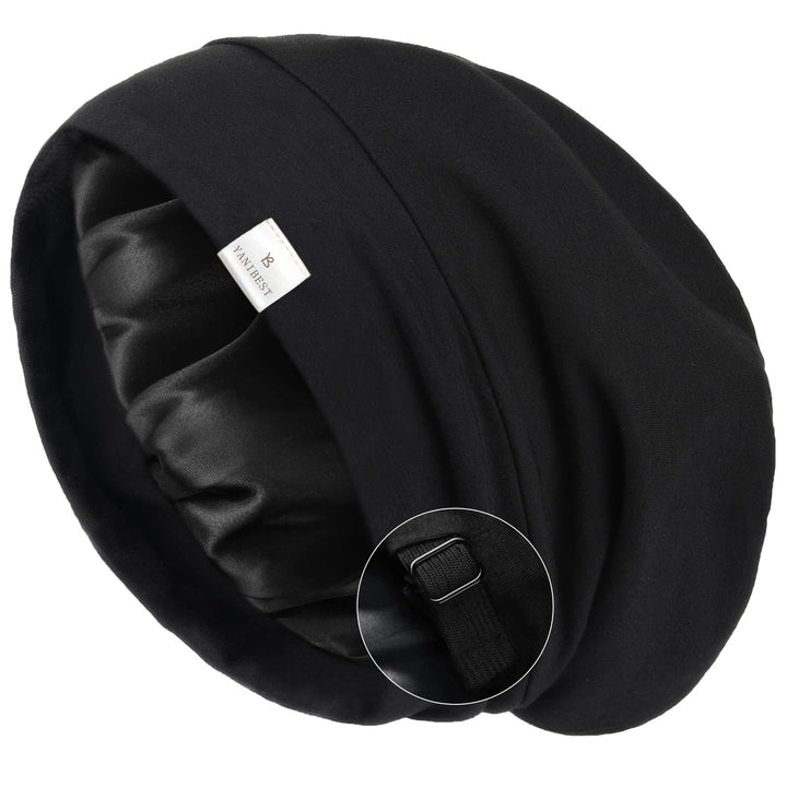Slouchy Beanie Hat Satin Lined Sleep Cap Satin Bonnet Chemo Headwear Caps for Women and Men Pure Black