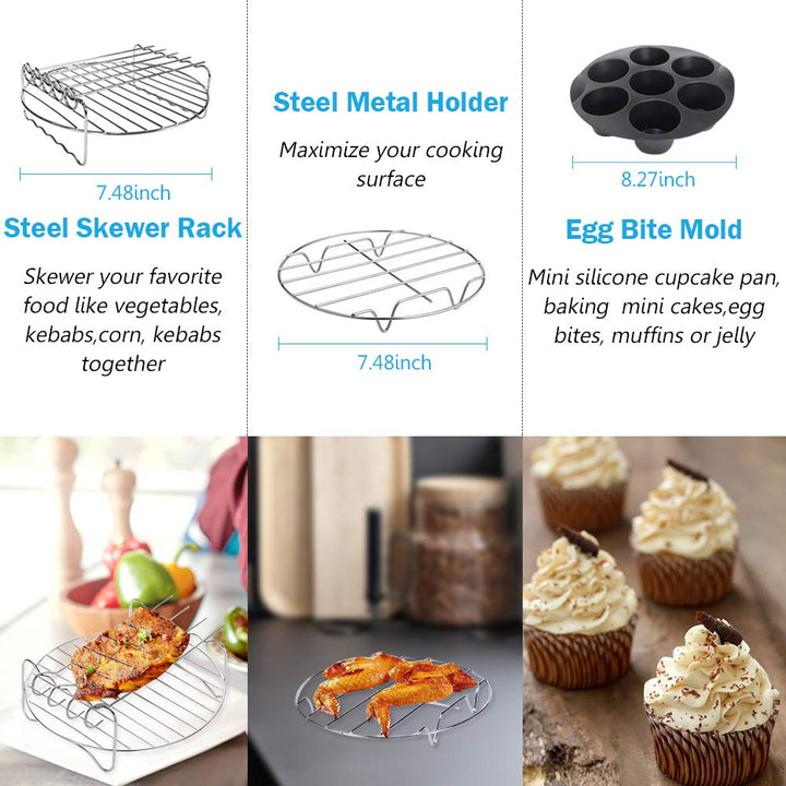 Air Fryer Accessories Set of 7 with 8 Inch Egg Bites Mold, Pizza Pan, Cake Barrel, Skewer Rack, Silicone Mat for 3.5Qt-5.8Qt Phillips Nuwave Gowise Gourmia Ninja Dash Air Fryer