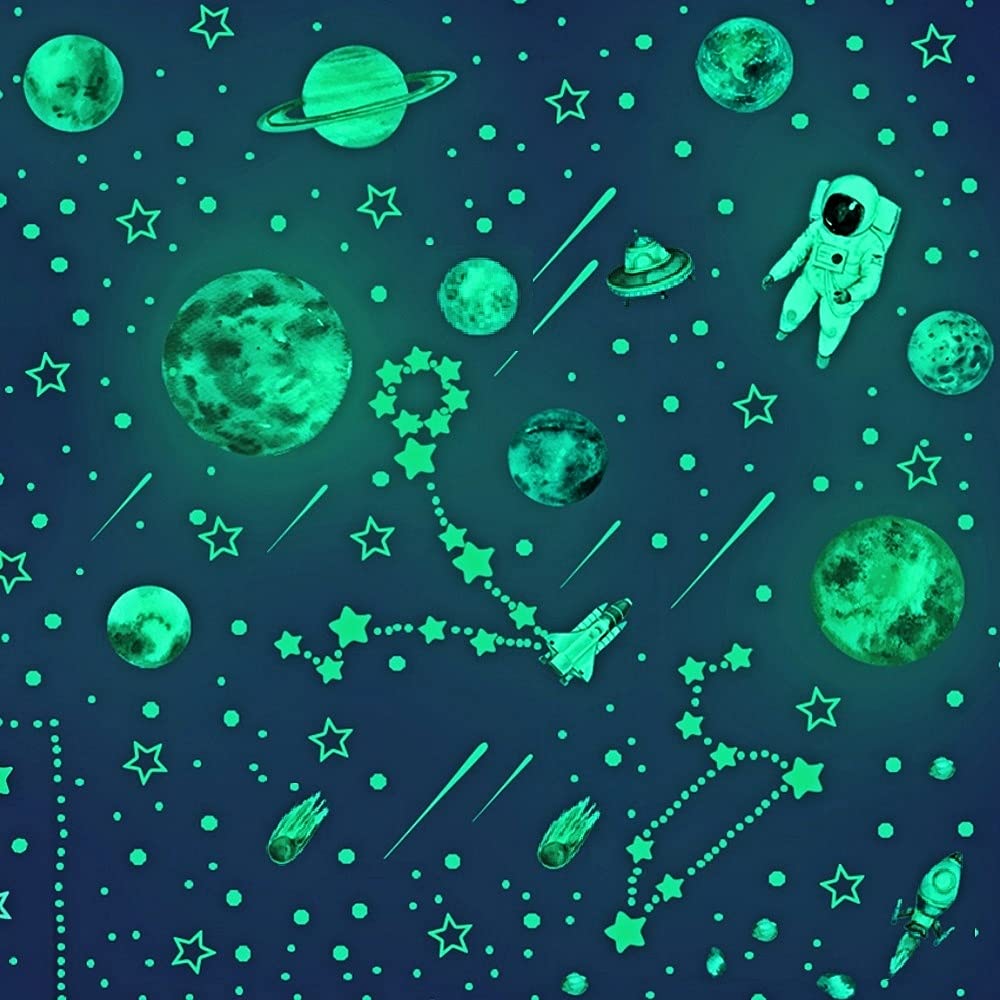 Glow in The Dark Stars Wall Stickers, Glowing Planets Astronaut Adhesive Stickers for Kids Bedroom, 849PCS Shining Galaxy Ceiling Decals, Solar System Space for Girls, Boys and Baby Room Decorations