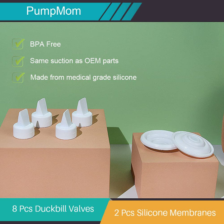 PumpMom Breast Pump Parts, 8 Duckbill Valves and 2 Silicone Membrane for Spectra S2, S1 and 9 Plus Breastpumps, Compatible with Spectra Valves and Silicone Diaphragm