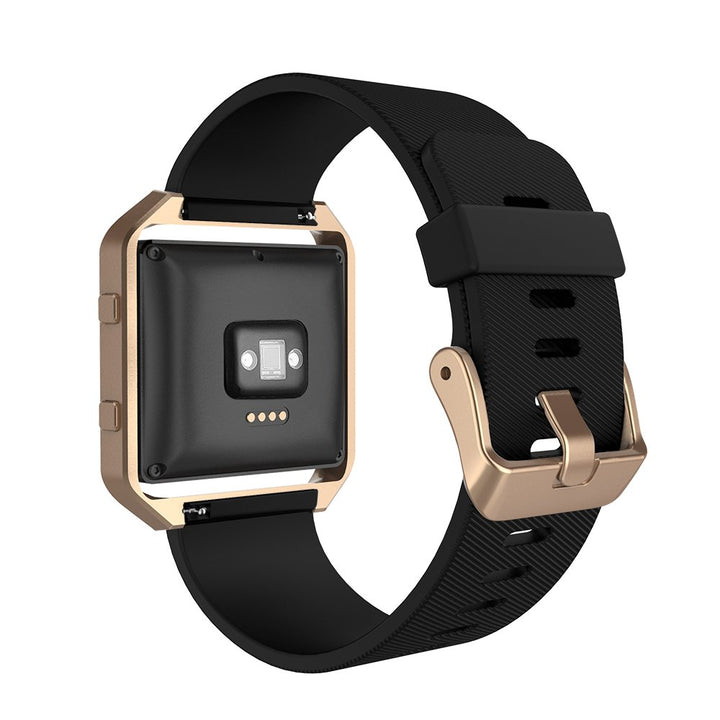 Sport Band Compatible with Fitbit Blaze Smartwatch Sport Fitness, Silicone Wrist Band with Meatl Frame Replacement for Fitbit Blaze Men Women, Small, Black+Rose Gold Frame