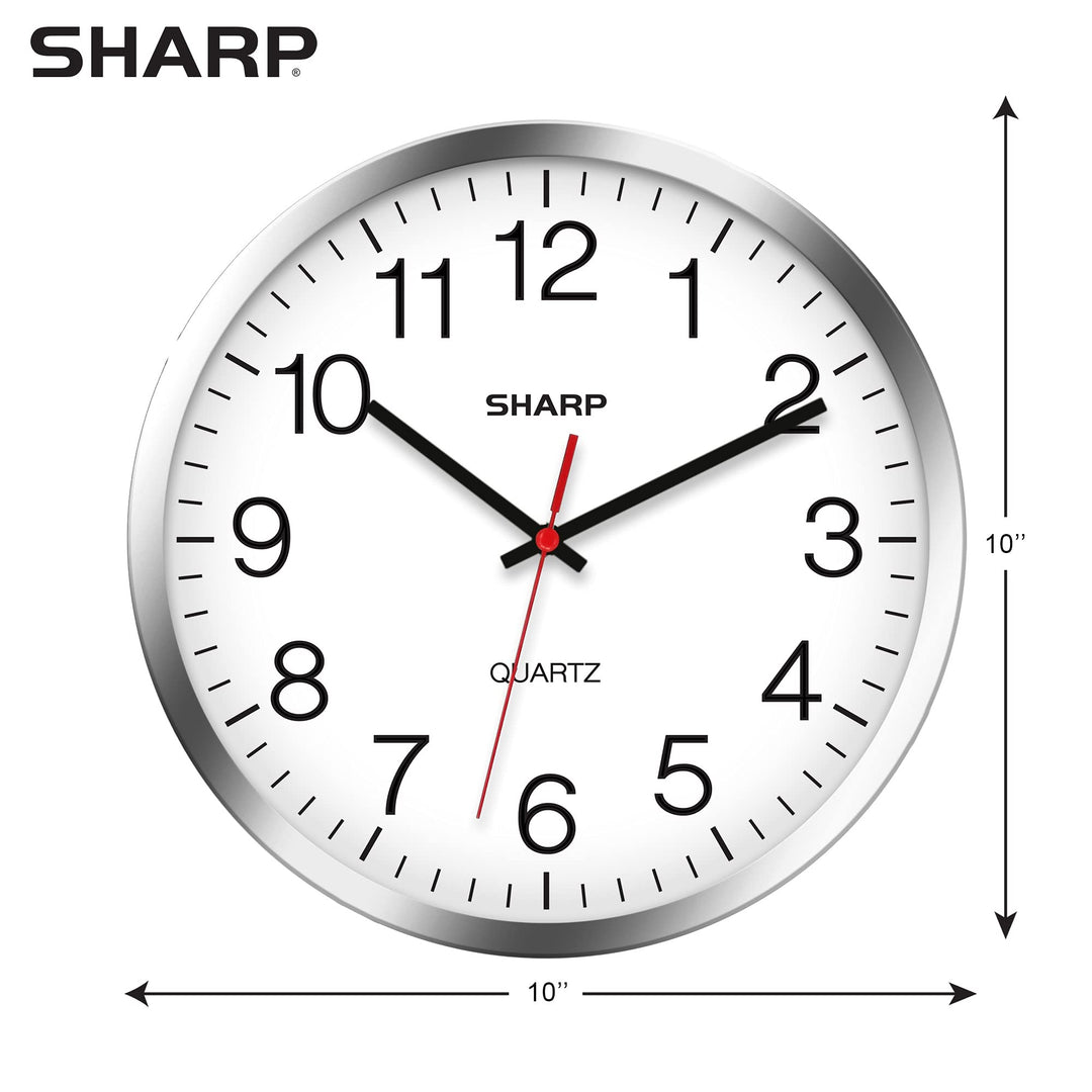 Sharp Wall Clock – Silver/Chrome, Silent Non Ticking 10