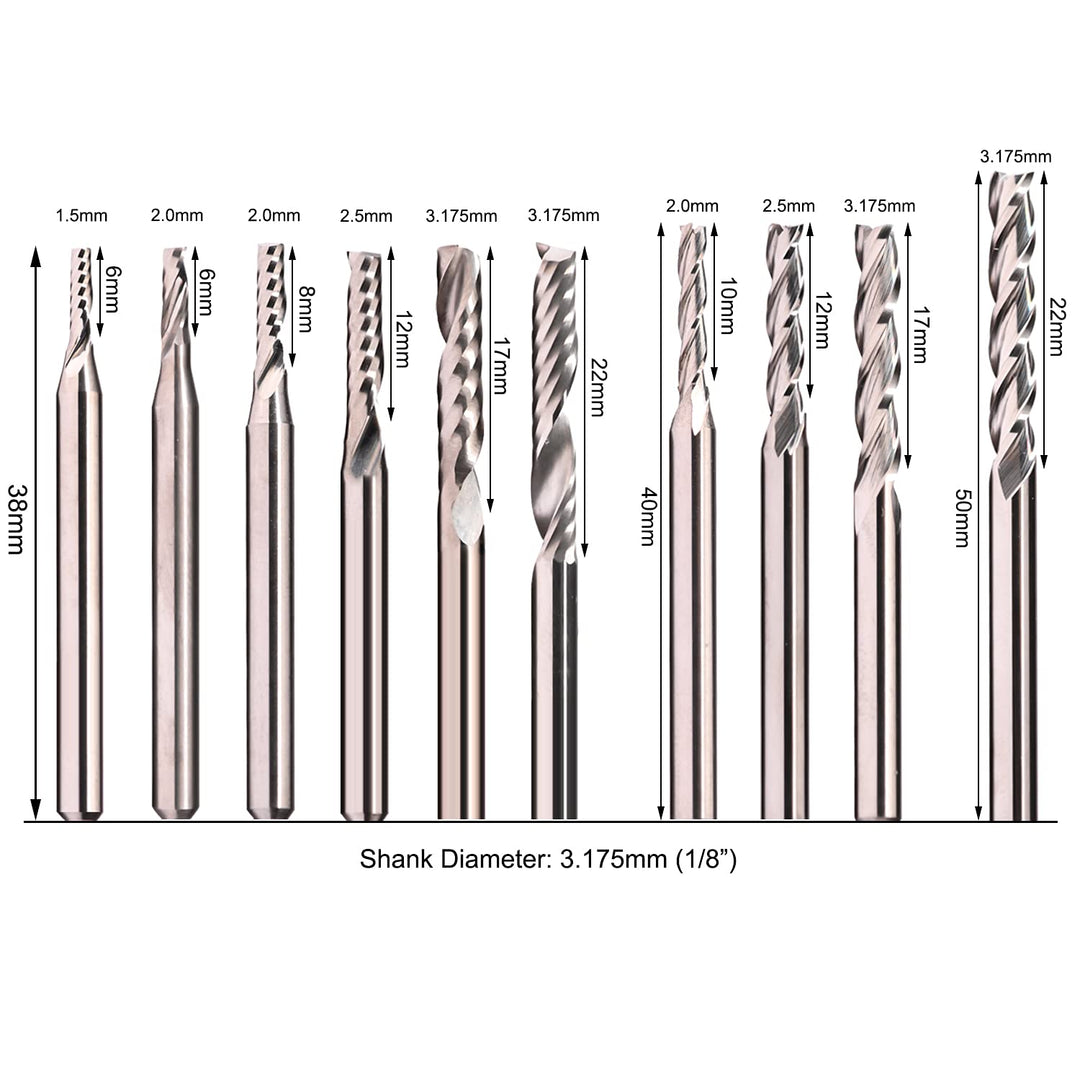 10pcs 1/8 Shank Spiral Up Cut End Mills Set CNC Router Bits for Aluminum Engraving Milling Cutting