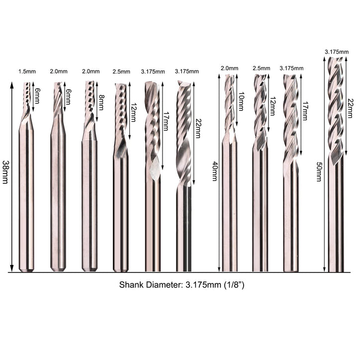 10pcs 1/8 Shank Spiral Up Cut End Mills Set CNC Router Bits for Aluminum Engraving Milling Cutting