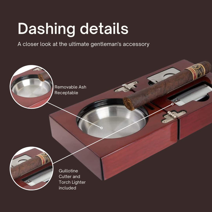 Folding Wood Cigar Ashtray Set w/ Triple Jet Flame Butane Cigarette Torch Lighter and Cutter