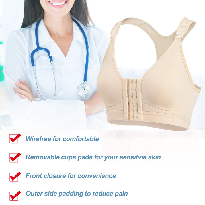 Women Post Surgery Bra Front Closure Sport Bra Removable Pads Wirefree (Nude, Large)