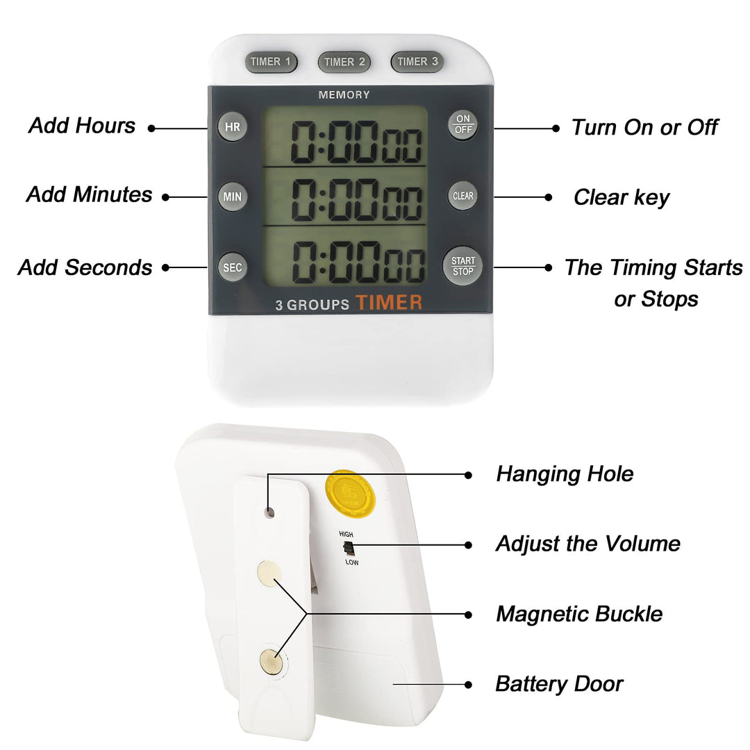 2 Pieces Digital Dual Kitchen Timer 3 Channels Count UP/Down Timer Cooking Timer with Magnetic Back Loud Alarm Large Display Countdown Timer for Cooking Classroom Kids Teacher Study