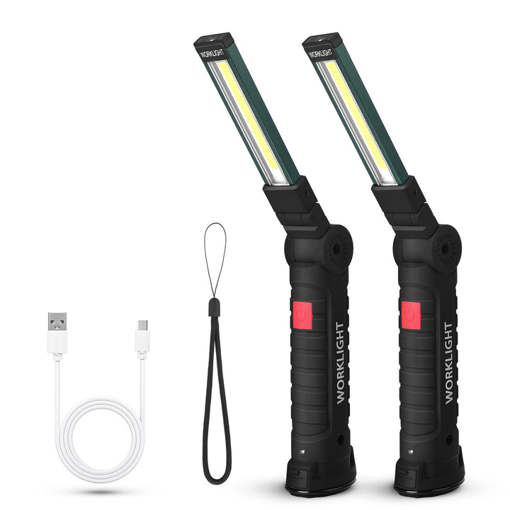 LED Worklight Flashlight, COB Rechargeable Work Lights with Magnetic Base 360 Degree Rotate and 5 Modes Portable Flood Light Inspection Construction Light for Car Repair (Grey, 2 Pack)