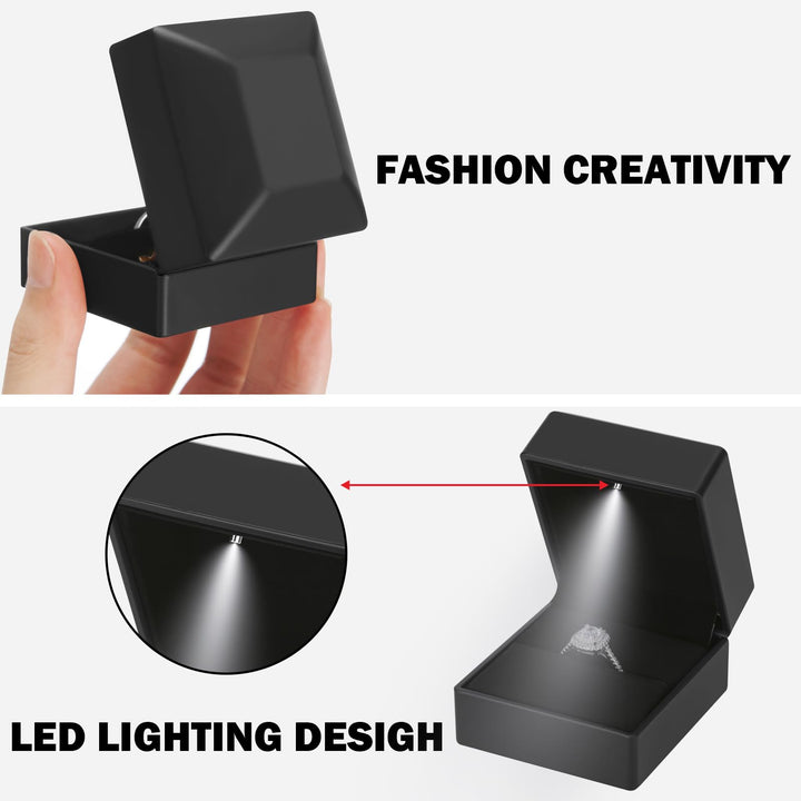 2 Pieces Ring Earring Gift Box with LED light, Elegant Velvet Ring Case Jewelry Display for Proposal, Engagement, Wedding, Gift (Black)