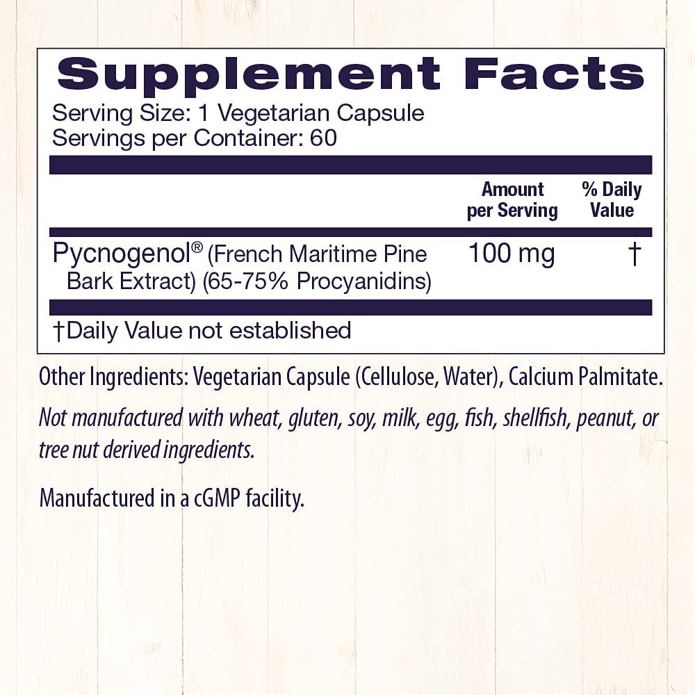 Pycnogenol 100 mg - Premium Pine Bark Extract - French Maritime Pine Bark Extract for Heart Health, Skin Care &amp; More - Gluten-Free &amp; Non-GMO Supplement - 60 Veggie Caps