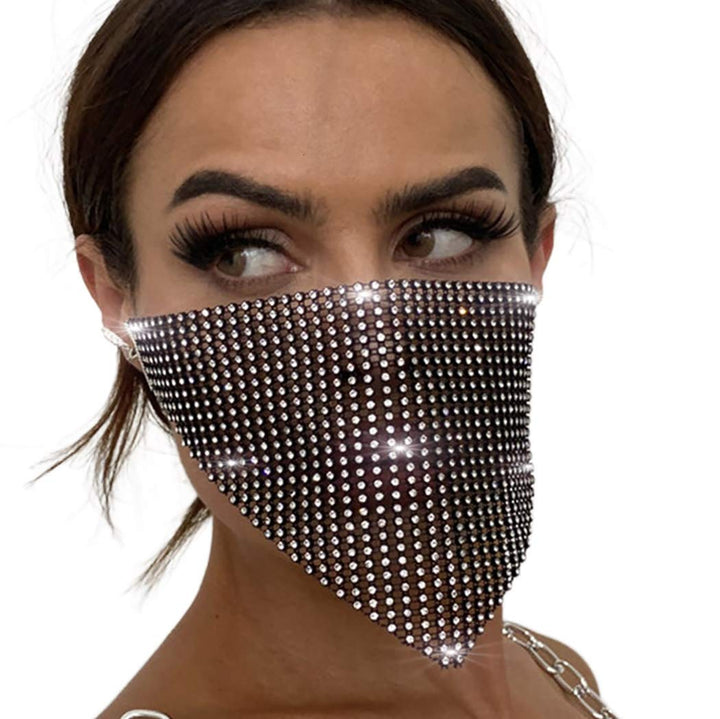 Sparkly Crystal Mesh face Mask Chain Rhinestone Masquerade Face Masks Black Dance Party Nightclub Face Necklace Jewelry for Women and Girls