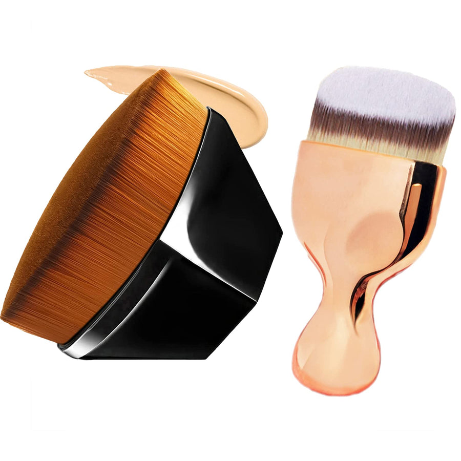 BlingToman 2 Pcs Foundation Brushes Set Flat Top Kabuki Face Blush Brush Foundation Brush for Blending Liquid, Cream or Flawless Powder Cosmetics with Portable Travel Case (black&champange)