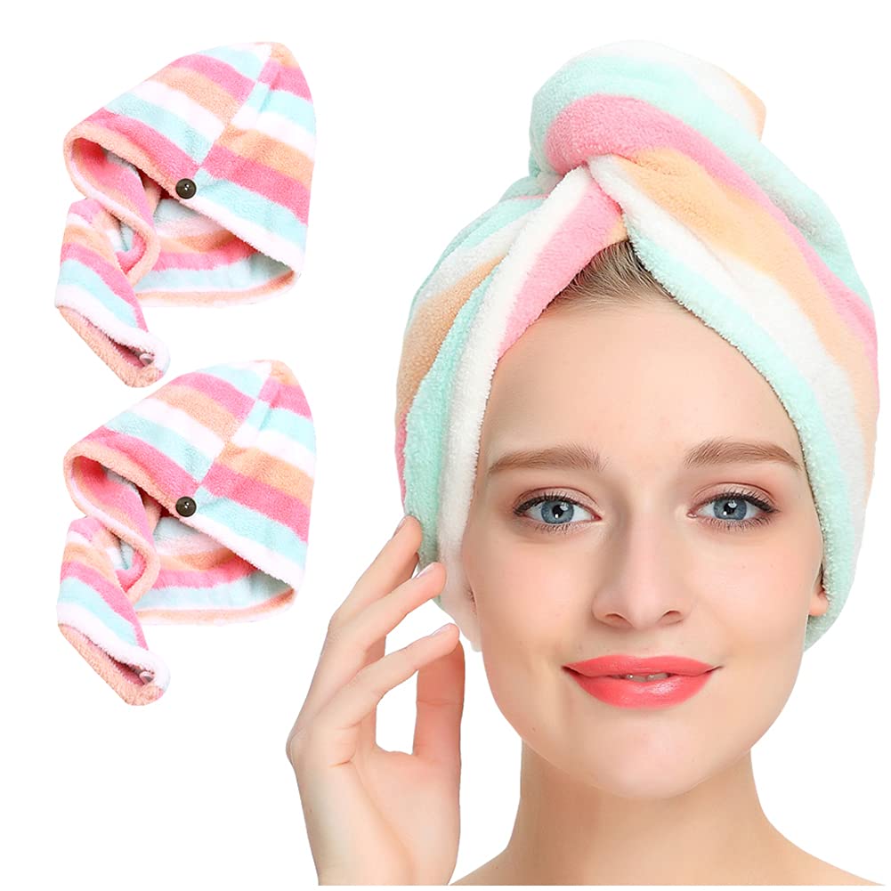 Microfiber Hair Turban,Hair Towel Wrap Turban, Unique Design, Rainbow (2 -Pack)