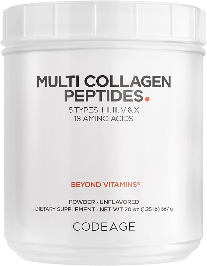 Codeage Multi Collagen Protein Powder Peptides, Hydrolyzed Collagen for Women &amp; Men, Collagen Supplements, Grass Fed Bone Broth, 2-Month Supply, Unflavored, Type 1, 2, 3, 5 &amp; 10, Non-GMO - 20 OZ