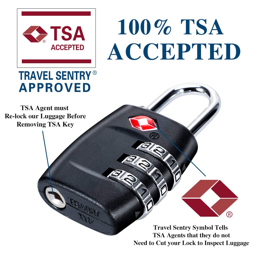 TSA Luggage Locks (4Pack) - 3 Digit Combination Padlocks - Approved Travel Lock for Suitcases &amp; Baggage (Black)