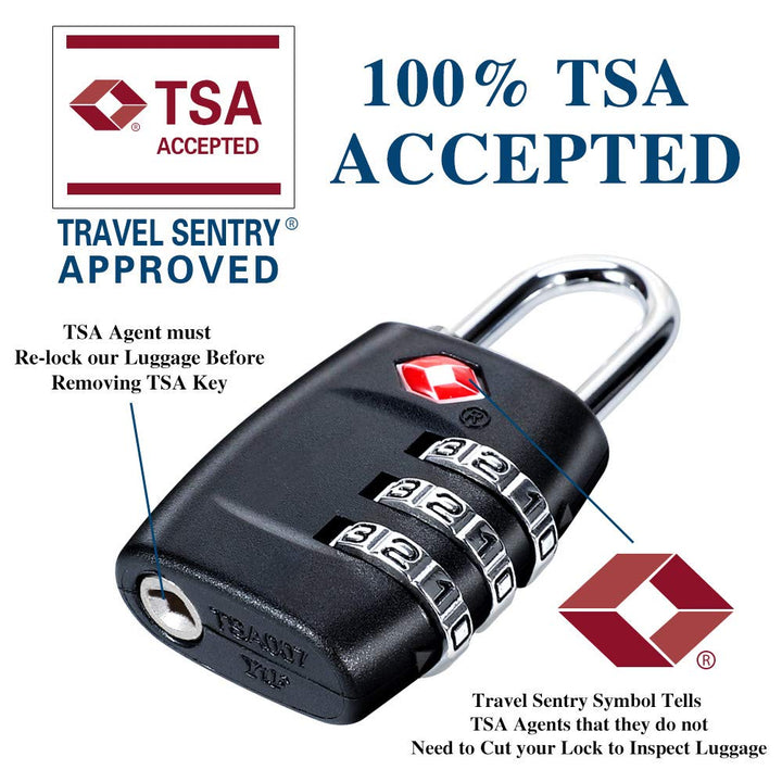 TSA Luggage Locks (4Pack) - 3 Digit Combination Padlocks - Approved Travel Lock for Suitcases &amp; Baggage (Black)