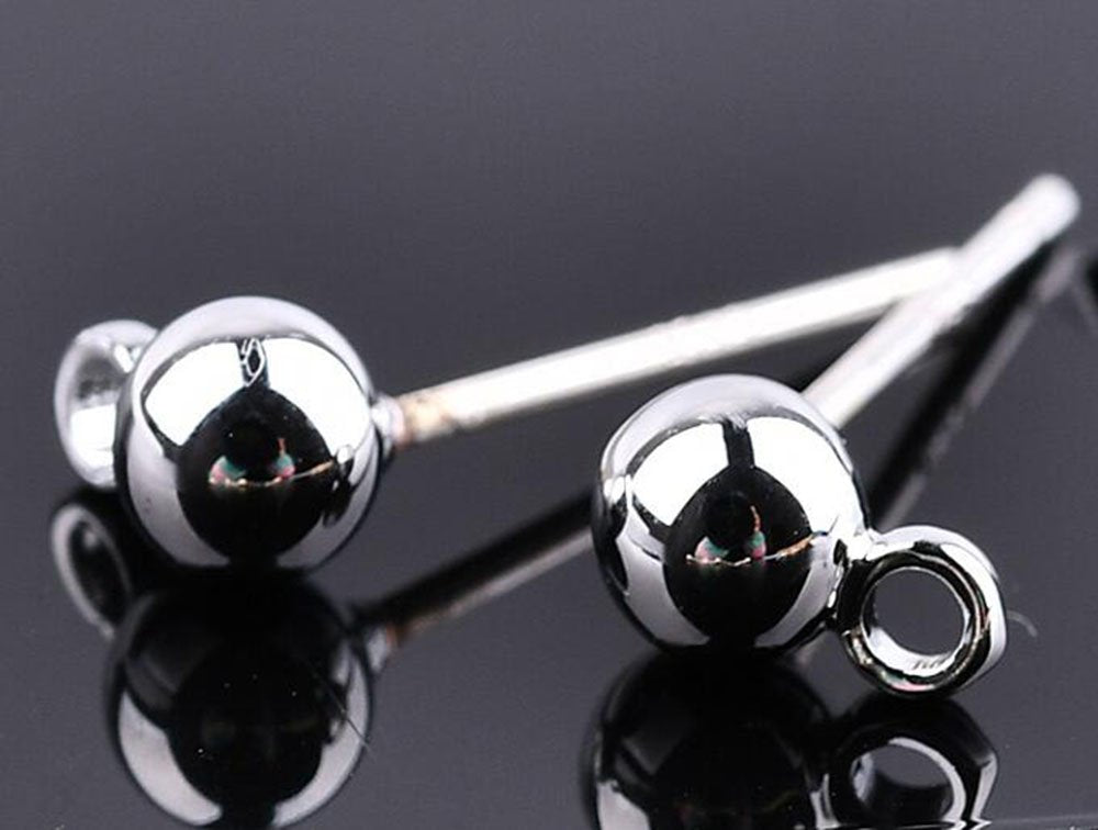 100 Round Ball with Ring Iron Earrings Posts for Jewelry Earring Making Findings (Silvertone, 6mm)