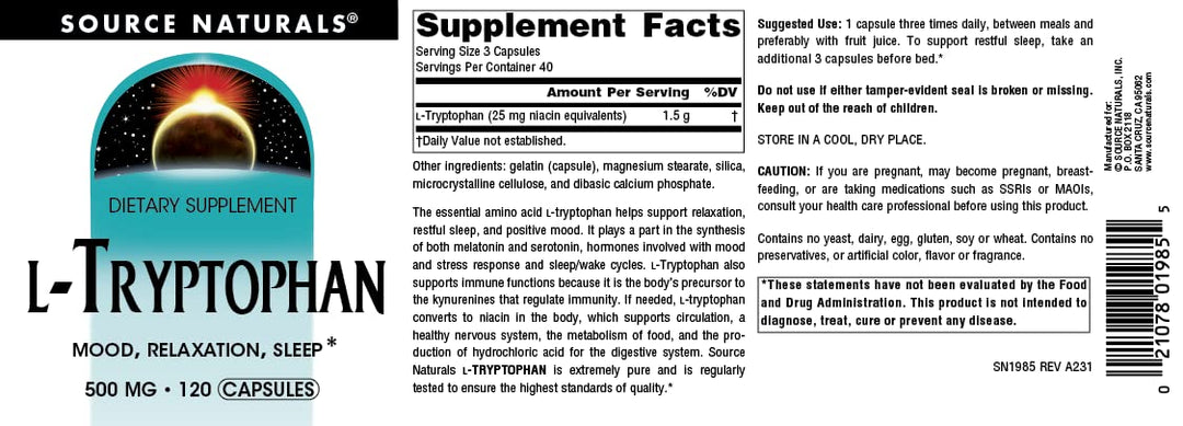 L-Tryptophan, for Mood, Relaxation, and Sleep*, 500mg - 120 Capsules