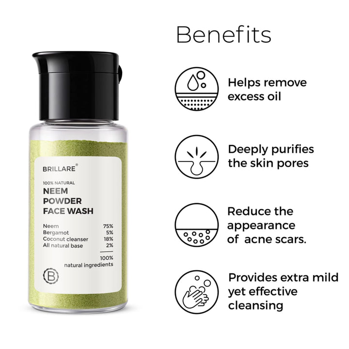 Brillare Neem Face Wash for Acne &amp; Pimples, with Bergamot for Clear Skin, 100% Natural Powder Facewash for Acne Prone Skin, Pimples &amp; Blemishes, 15g