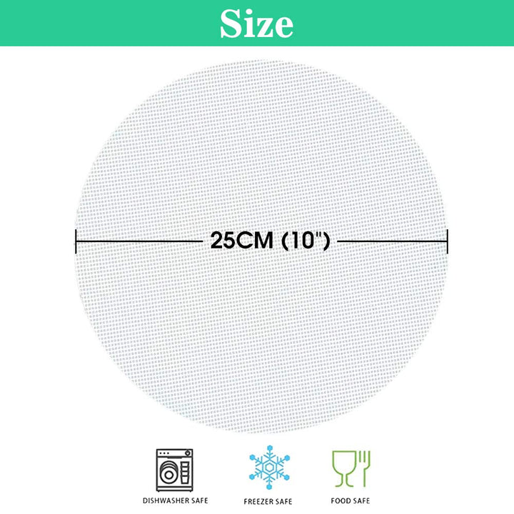 - 6Pcs 10 inch Non stick Reusable Silicone Steamer Liners Mesh Round Mat Pad Steamed Buns Dumplings Baking Pastry Dim Sum Mesh 25cm trimmable