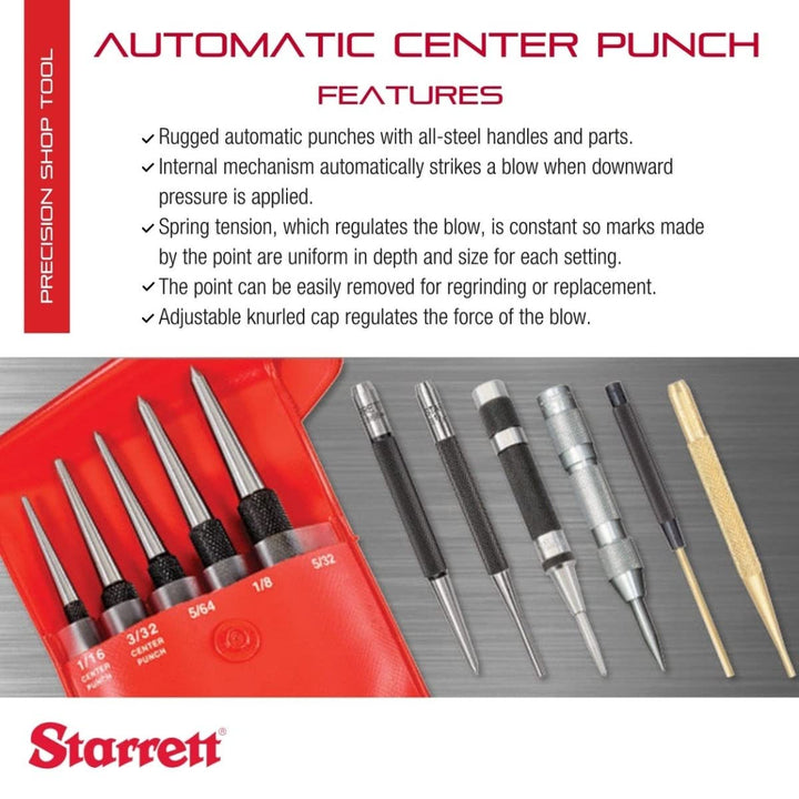 Steel Automatic Center Punch with Adjustable Stroke - 5 (125mm) Length, 9/16 (14mm) Punch Diameter, Lightweight, Knurled Steel Handle - 18A