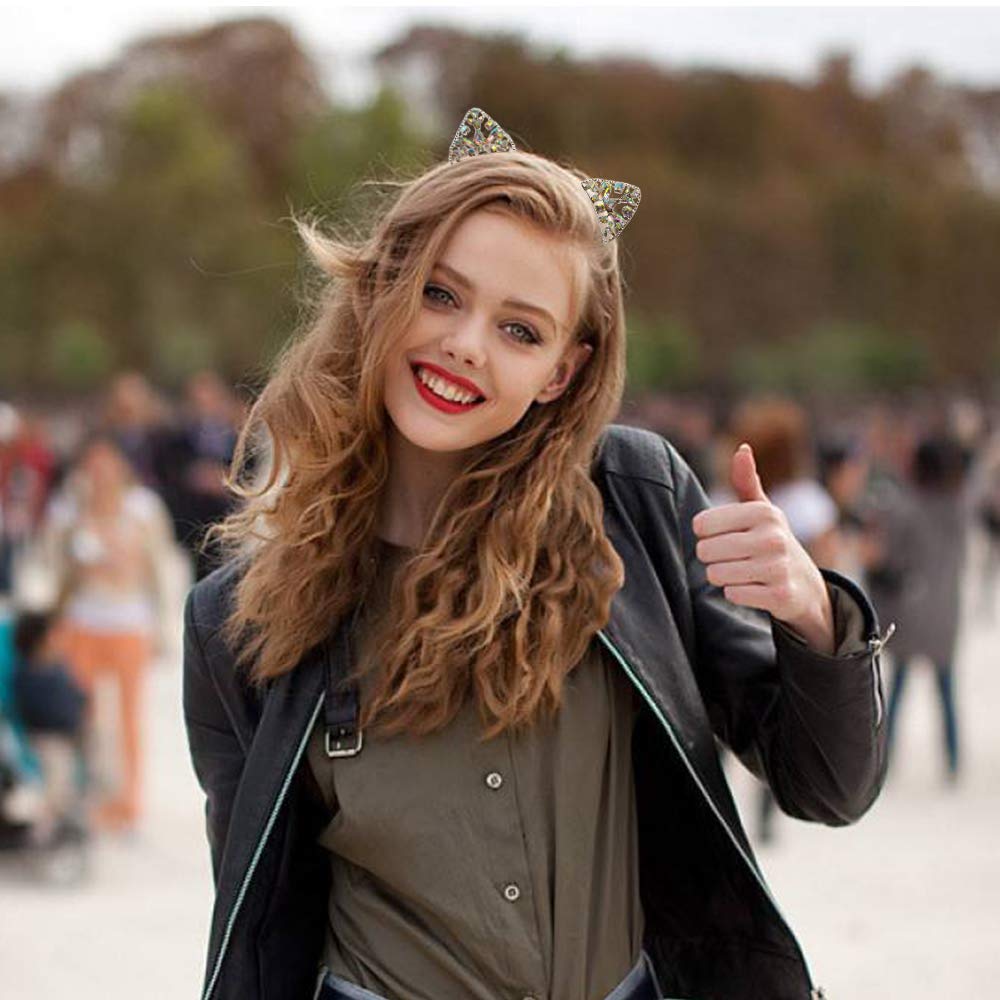 Cat Ears Headband Rhinestone Cat Hair Bands Crystal Halloween Hair Hoop Women Girls Hairband Party Decoration Headdress Cosplay Costume Headwear Handmade Headpiece Makeup Hair Accessories 3 Pack