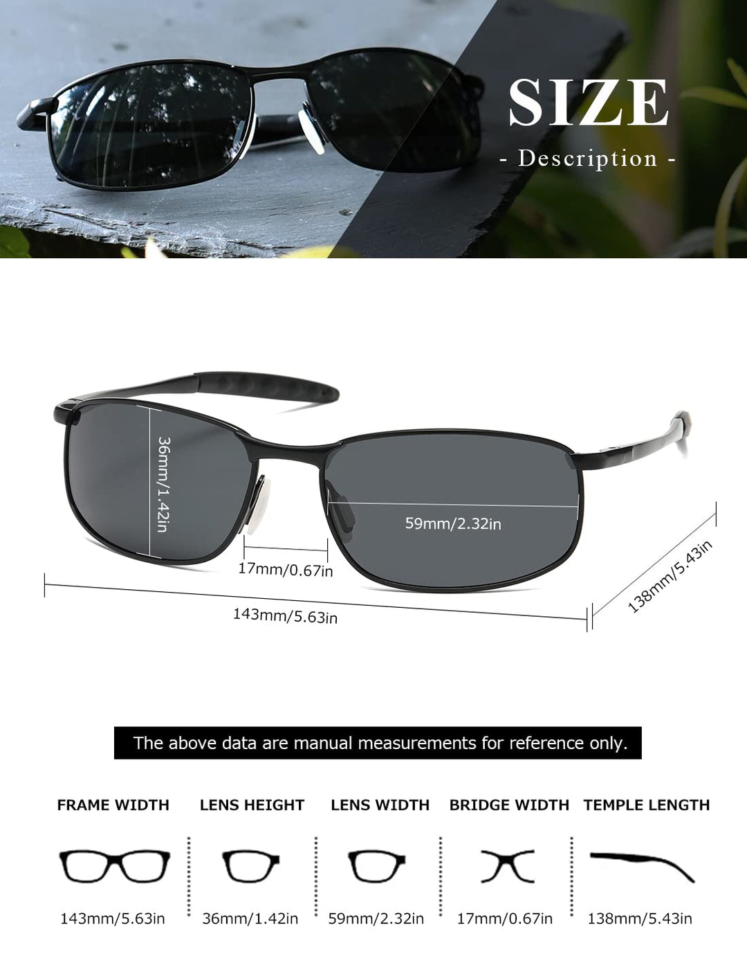 Polarized Sunglasses For Men Rectangle Metal Frame Retro Sun Glasses AE0395 (Black, 59)