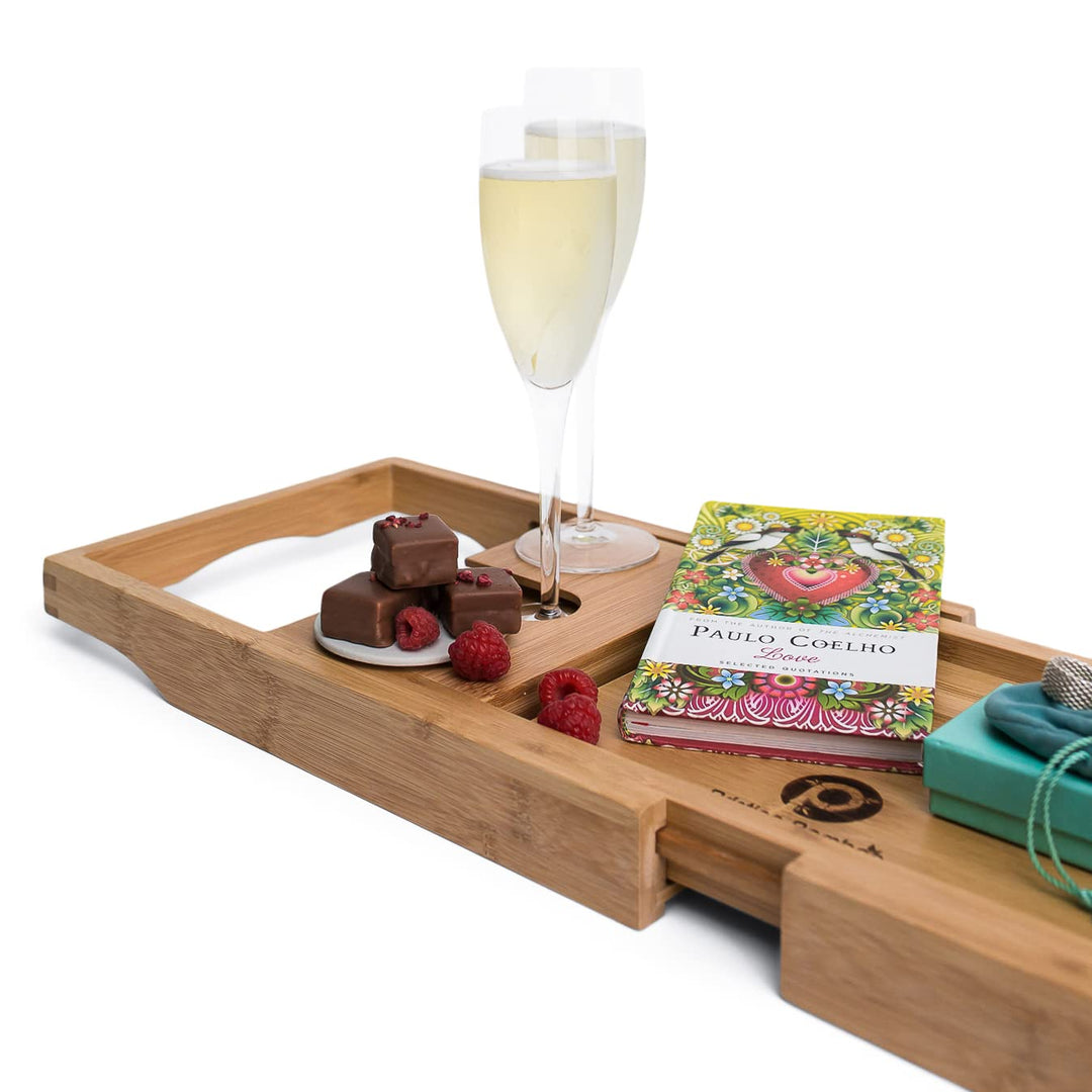 Bamboo Bathtub Caddy Tray for Tub- Expandable Bath Tray - Adjustable Organizer Tray for Bathroom for Luxury Spa - Book Holder, Tablet Smartphone and Wine Holder (Grey)
