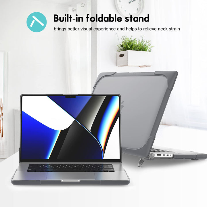 for MacBook Pro 14.2 inch 2024 M4 A3112 A3185 A3401/Pro 14 2023 2022 2021 M3 A2918 A2992 M2 A2779 M1 A2442 with Pro/Max Chip, Heavy Duty Hard Shell Case with Fold Kickstand -Grey