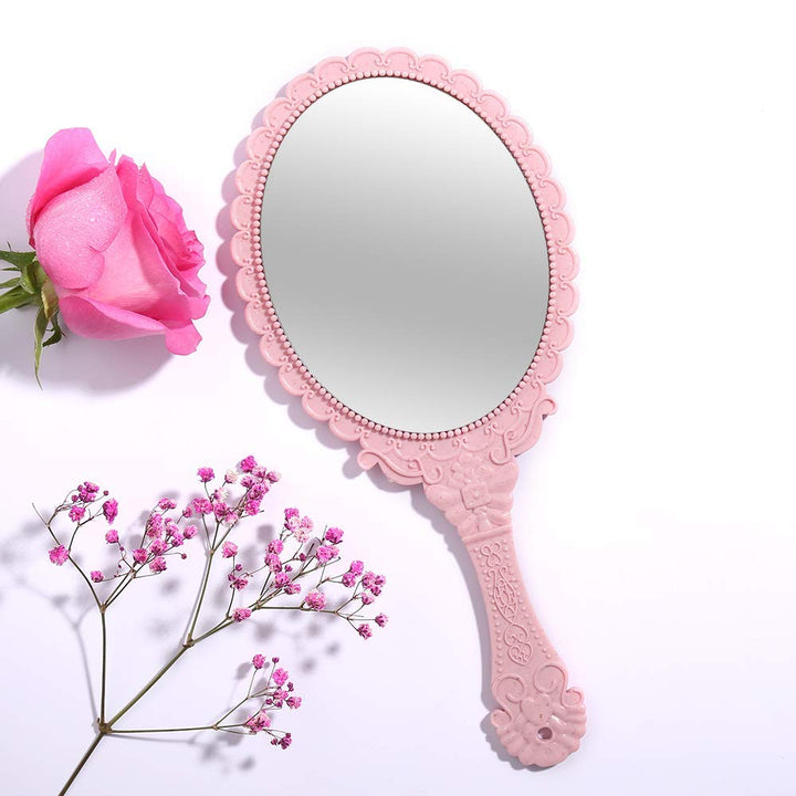 XPXKJ Nano Pink, Oval: Handheld Mirror with Handle, for Vanity Makeup Home Salon Travel Use (Oval, Nano Pink)