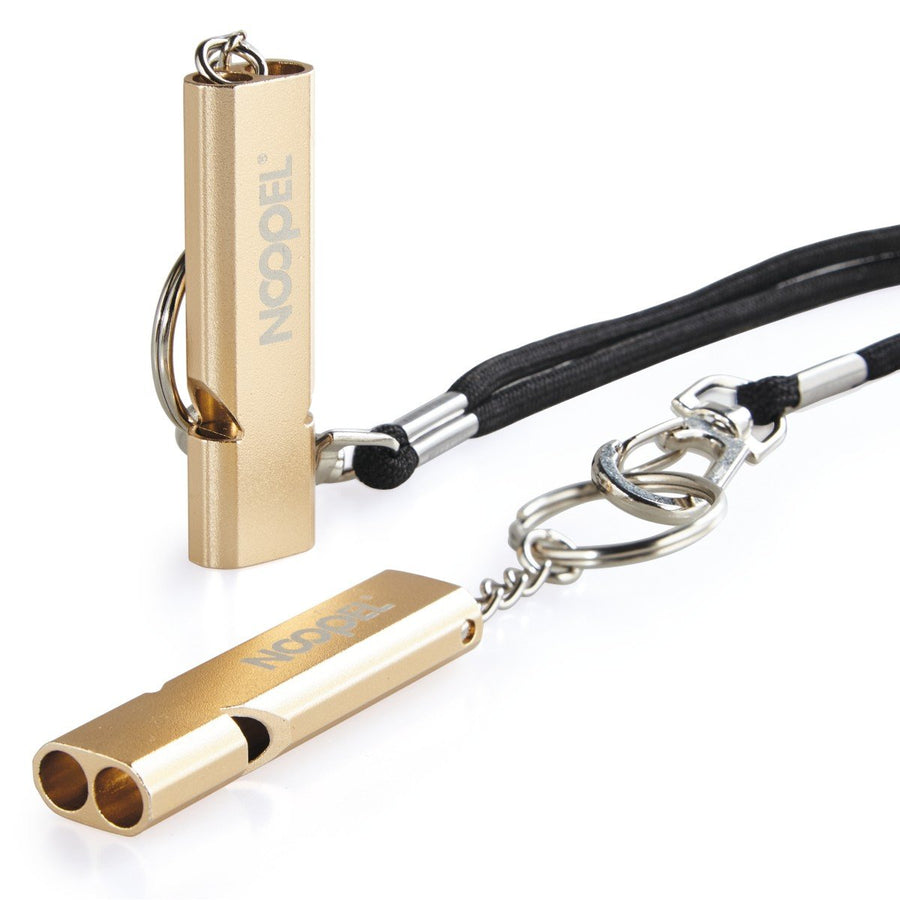 Emergency Survival Whistle Double Tubes Safety Whistle 2 Pack with Keychain for Boating Outdoor Camping Hiking Hunting Sports Dog Training (2 Pack Gold)
