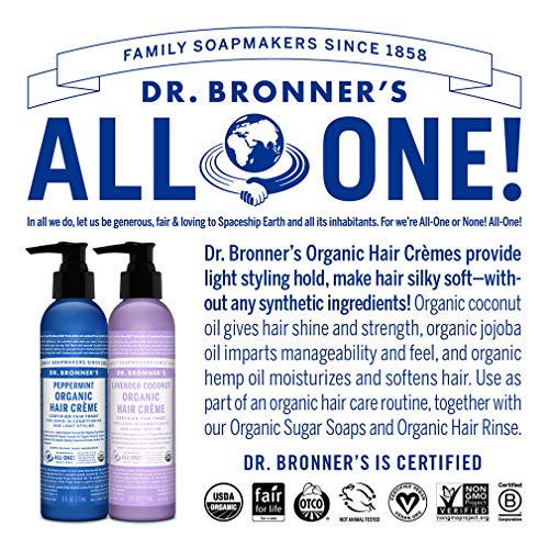 Dr. Bronner&#39;s - Organic Hair Crème (Lavender Coconut, 6 Ounce) - Leave-In Conditioner and Styling Cream, Made with Organic Oils, Hair Cream Supports Shine and Strength, Nourishes Scalp, Non-GMO