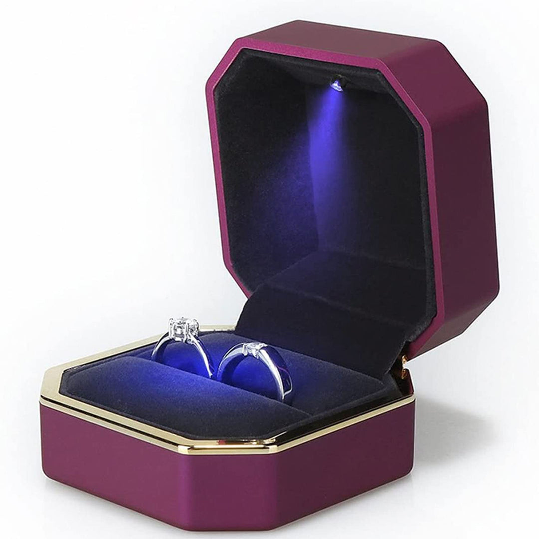 Luxury Ring Box, Square Velvet Wedding Ring Case Jewelry Gift Box with LED Light for Proposal Engagement Wedding, Purple