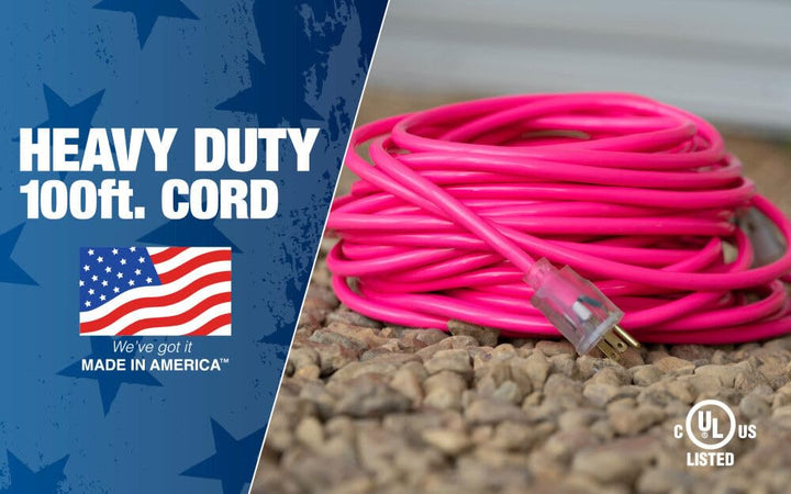 Coleman Cable 02579-03 100-Feet 12/3 Neon Outdoor Extension Cord, Bright Pink