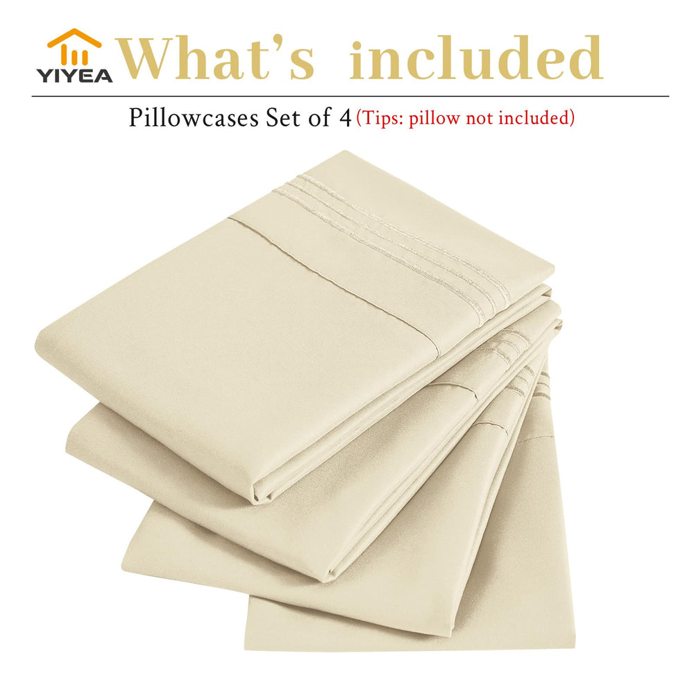 Pillow Cases Queen Size Set of 4, Ultra Soft 1800TC Hotel Quality Double Brushed Microfiber Embroidered Pillowcases, Envelope Closure, Fade Resistant (20x30, Cream)