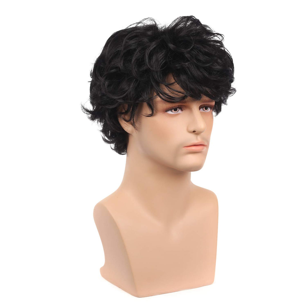Mens Short Curly Black Wig with Bang Costume Halloween Cosplay Party Natural Hair Wig