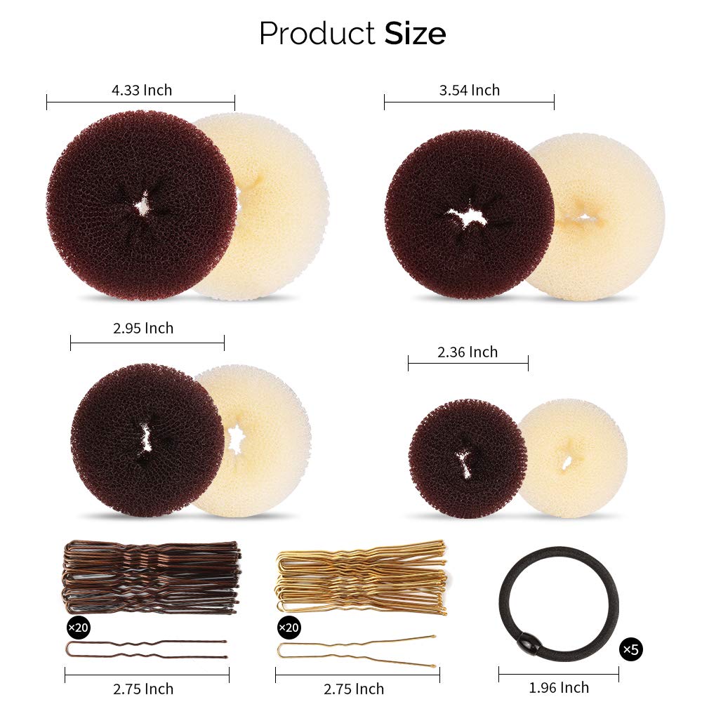 Hair Bun Maker Set, Donut Bun Maker Set With 4pcs Dark Brown &amp;4pcs Beige(2 extra-large,2 large,2 medium and 2 small), 5 pieces Hair Elastic Bands, 40 pieces Hair Bobby Pins (Brown and Gold)