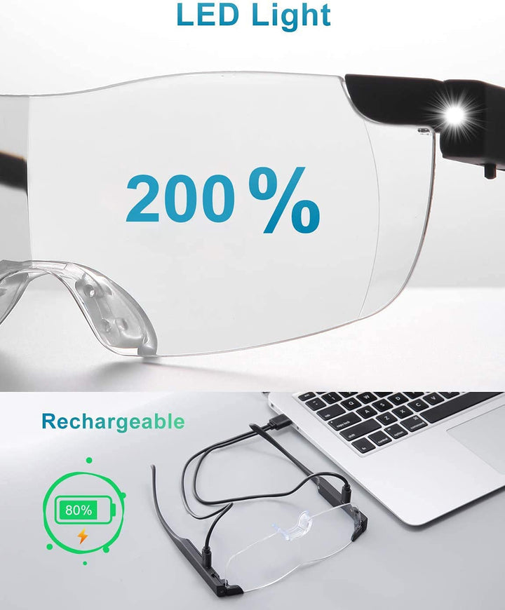 Magnifying Glasses with Light, 200% Magnifying Lighted Eyeglasses, Rechargeable LED Lights, Blue Light Blocking, Hands Free for Close Work (Black)