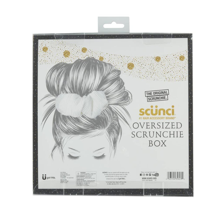 The Original Scrunchie® Jumbo XL Fashion Oversized Fabulous Fabric Gift Box Includes 2 Unique Designs: White Pleated Satin &amp; Luxury Black Jacquard in Acrylic Presentation Box