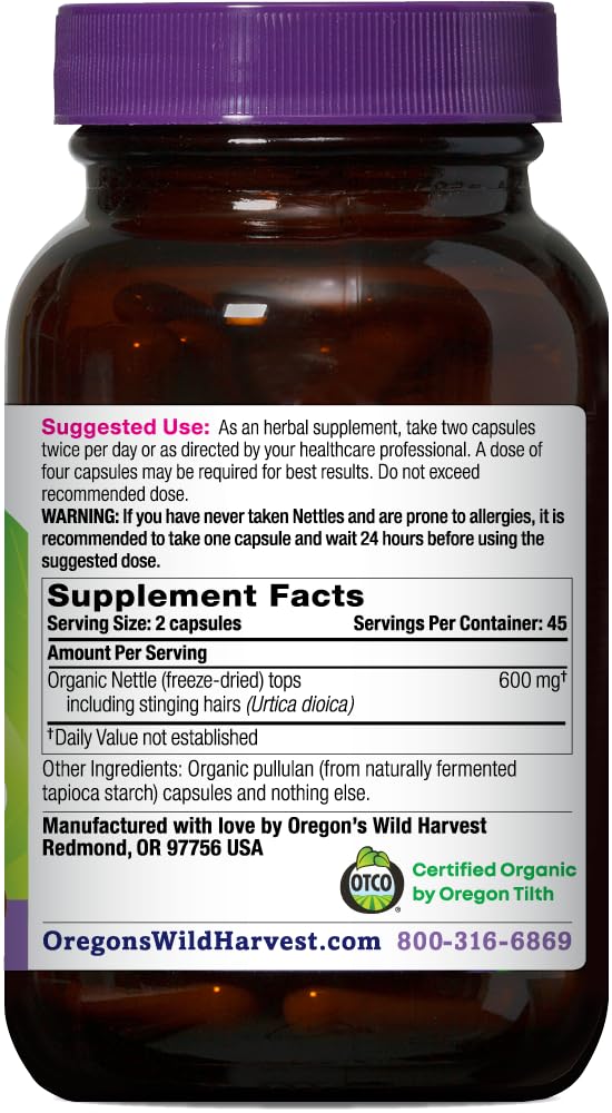 Oregon&#39;s Wild Harvest, Certified Organic Nettle Capsules with Stinging Hairs, Allergy Supplement, 600 mg, 90 Capsules