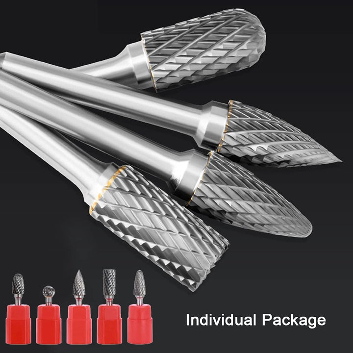 5PCS Double Cut Carbide Rotary Burrs Set - 1/4 Inch Shank 2/5 Inch Head Die Grinder Bits Solid Carbide Rotary Burr File Set for Die Grinder Drill, Metal Carving,Polishing,Engraving,Drilling