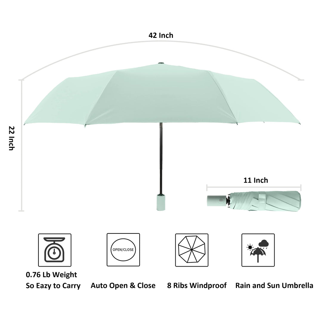 Small Travel Umbrella for Rain and Sun Protection, 42 Inch Arc Canopy, Windproof and Compact