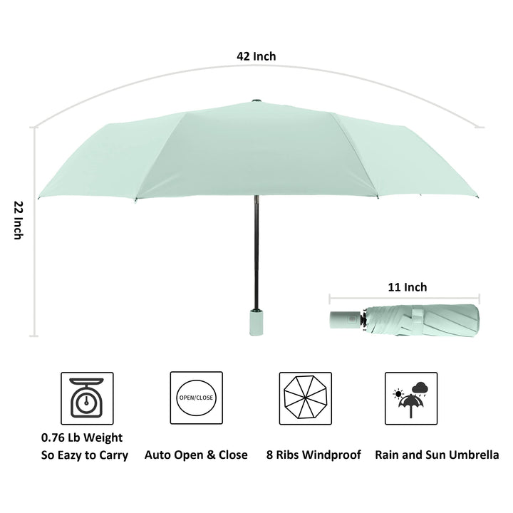 Small Travel Umbrella for Rain and Sun Protection, 42 Inch Arc Canopy, Windproof and Compact