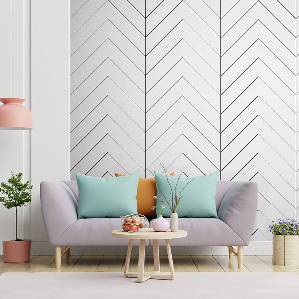 Black and White Wallpaper Peel and Stick Wallpaper Boho Contact Paper Modern Herringbone Wallpaper for Bathroom Bedroom Kitchen Wallpaper Self Adhesive Removable Wallpaper 17.7×197 Wall Waterproof