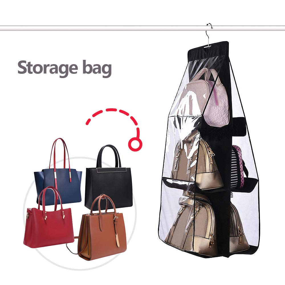 Hanging handbag Organizer Storage Holder Purse Clutch hanger bags for Closet Wardrobe with 6 Larger Pockets, Black