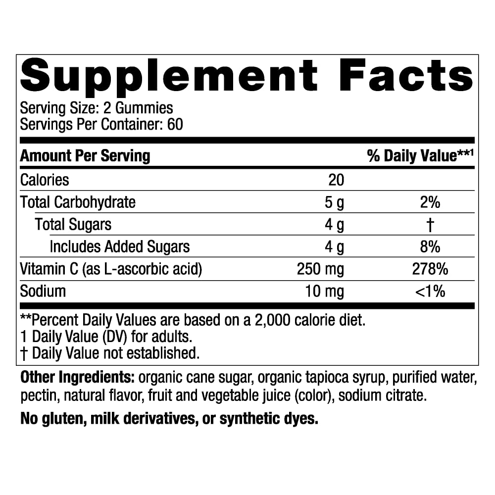 Vitamin C Gummies, Tart Tangerine - 120 Gummies - 250 mg Vitamin C - Immune Support, Antioxidant Protection, Child Growth & Development - Non-GMO, Vegan - 60 Servings