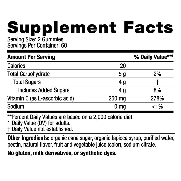 Vitamin C Gummies, Tart Tangerine - 120 Gummies - 250 mg Vitamin C - Immune Support, Antioxidant Protection, Child Growth &amp; Development - Non-GMO, Vegan - 60 Servings