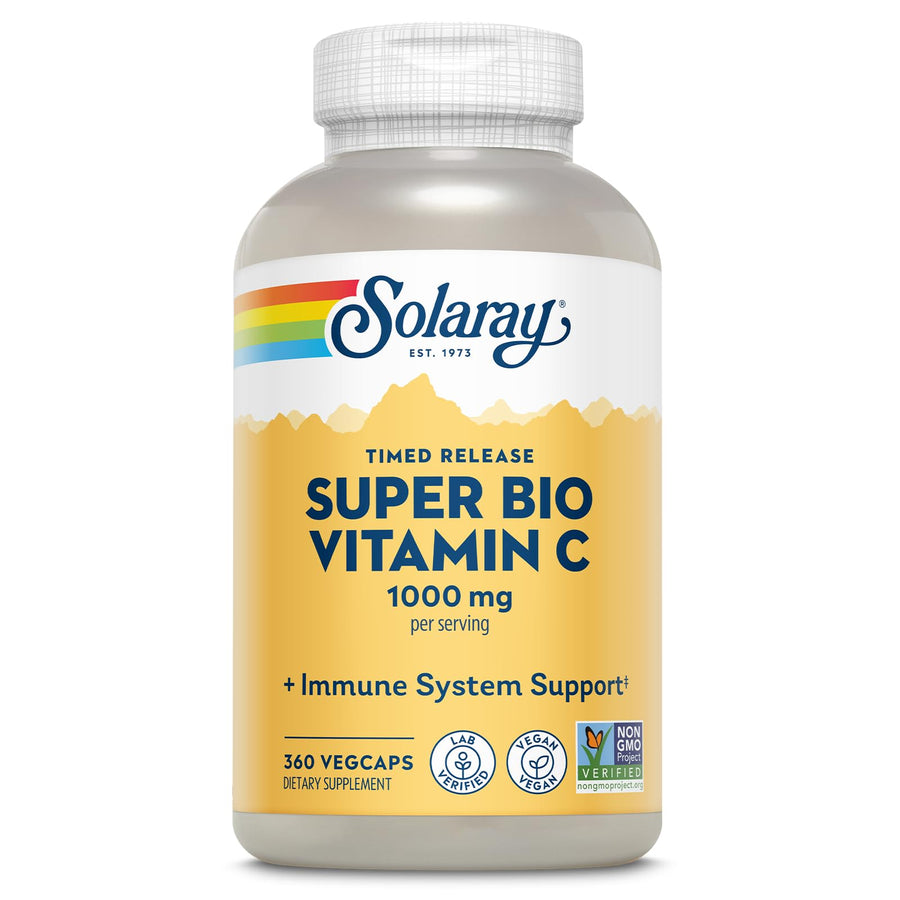 Super Bio Buffered Vitamin C 1000mg, Two-Stage, Timed Release Vitamin C with Bioflavonoids, Immune Support Supplement - High Absorption, Vegan, 60 Day Guarantee, 180 Servings, 360 VegCaps 180