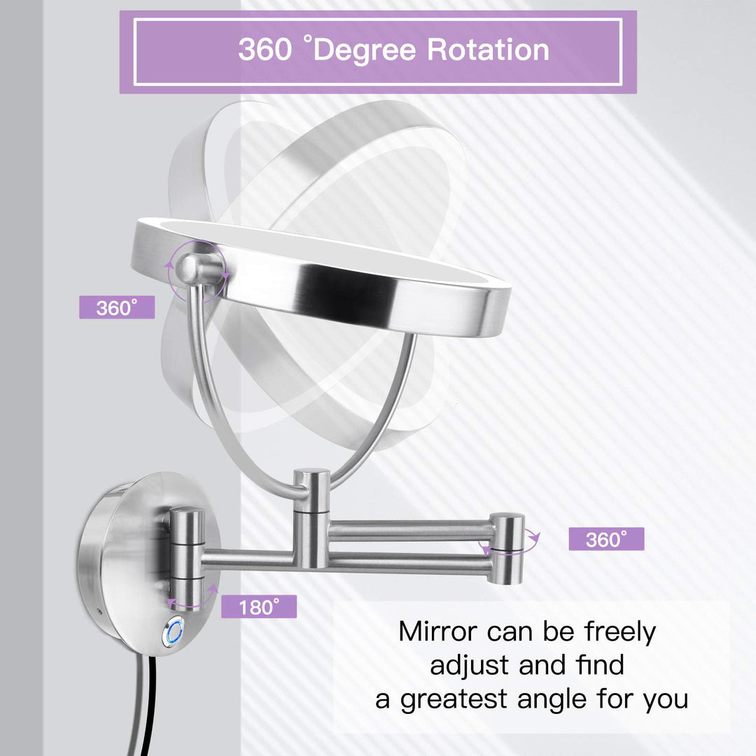 AmnoAmno Vanity Mirror 8.5 LED Double Sided Swivel Wall Mount Makeup Mirror with 10x Magnification,13.7 Extension,Touch Button Adjustable Light,Suitable for Bedroom or Bathroom
